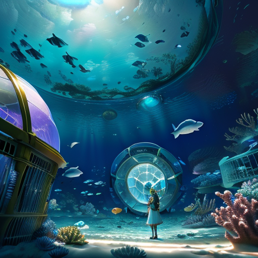 The woman and the creature are seen in harmony, with her gently tagging the creature with a marine tracker amidst an array of vibrant sea creatures, all under the protective dome of a newly constructed undersea reserve.